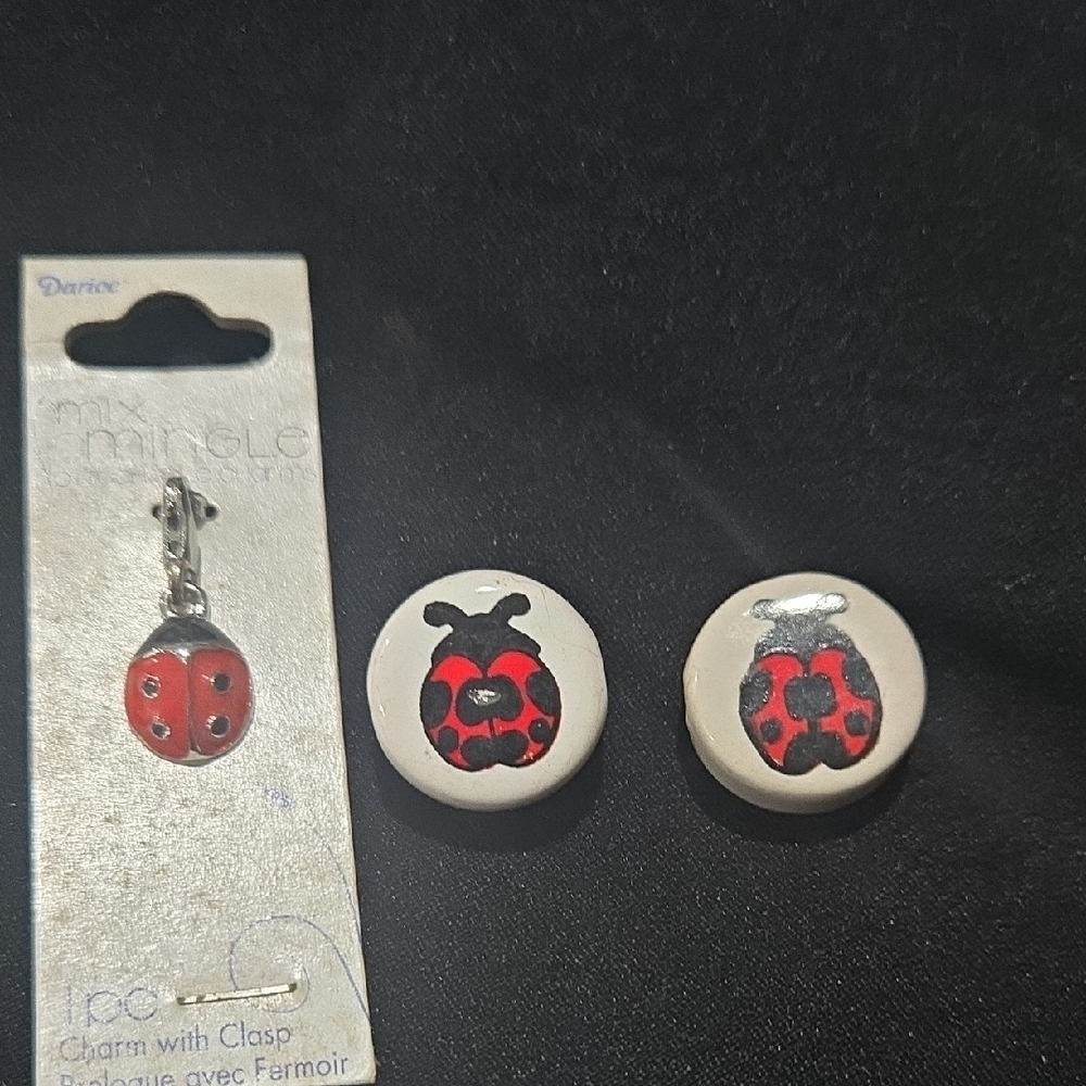 Vintage Ladybug Charm and Ceramic charms or pendants  - Red and Black